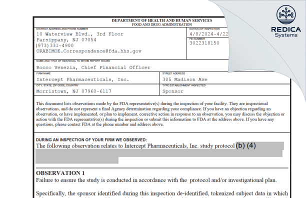 FDA 483 - Intercept Pharmaceuticals, Inc. [Morristown / United States of America] - Download PDF - Redica Systems