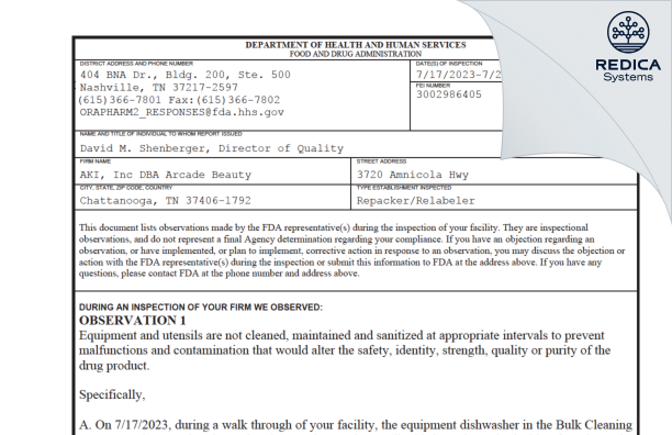 FDA 483 - AKI, Inc. dba Arcade Beauty [Chattanooga / United States of America] - Download PDF - Redica Systems