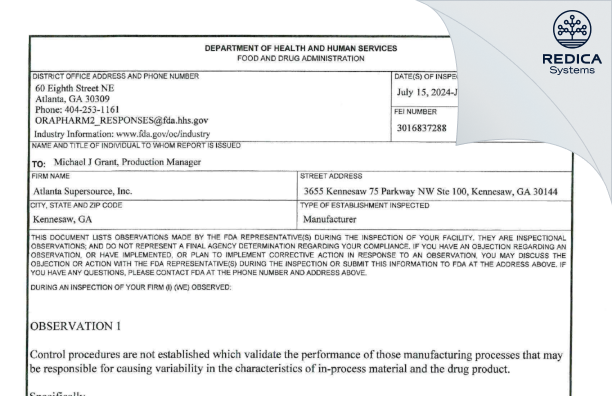 FDA 483 - Atlanta Supersource, Inc. [Kennesaw / United States of America] - Download PDF - Redica Systems