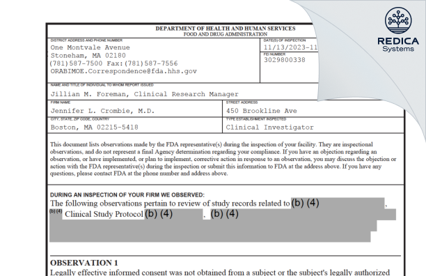 FDA 483 - Jennifer L. Crombie, M.D. [Boston / United States of America] - Download PDF - Redica Systems