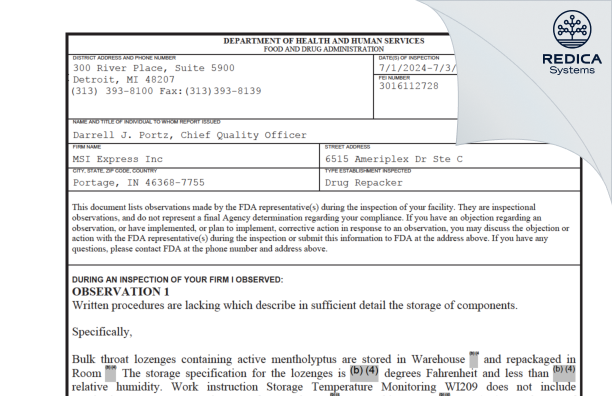 FDA 483 - MSI Express Inc [Portage / United States of America] - Download PDF - Redica Systems