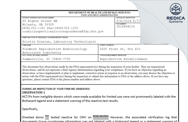 FDA 483 - Piedmont Reproductive Endocrinology Associates Lowcountry [Summerville / United States of America] - Download PDF - Redica Systems