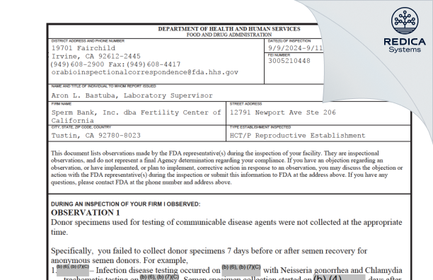 FDA 483 - Sperm Bank, Inc. dba Fertility Center of California [Tustin / United States of America] - Download PDF - Redica Systems