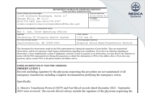 FDA 483 - University Of Virginia Health System [Charlottesville / United States of America] - Download PDF - Redica Systems