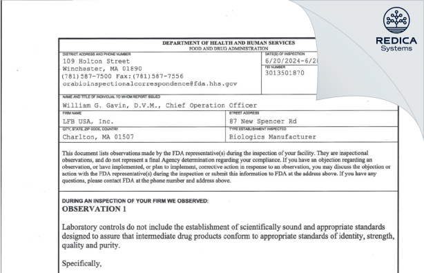 FDA 483 - LFB USA, Inc. [Charlton / United States of America] - Download PDF - Redica Systems