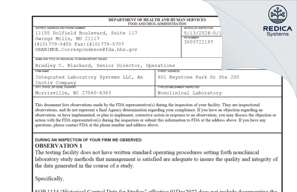 FDA 483 - Integrated Laboratory Systems LLC, An Inotiv Company [Morrisville / United States of America] - Download PDF - Redica Systems