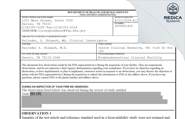 FDA 483 - Rajinder S. Shiwach, M.D. [Desoto / United States of America] - Download PDF - Redica Systems