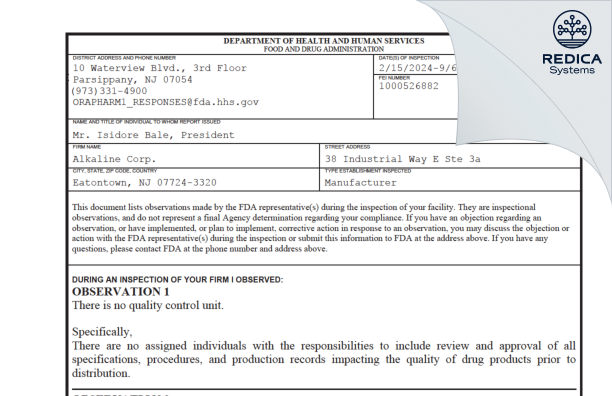 FDA 483 - Alkaline Corporation [Eatontown / United States of America] - Download PDF - Redica Systems