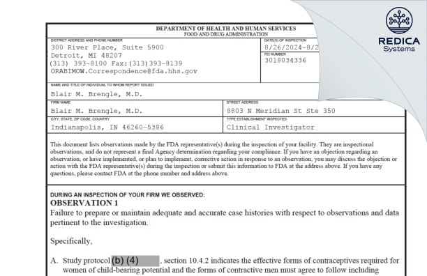 FDA 483 - Blair M. Brengle, M.D. [Indianapolis / United States of America] - Download PDF - Redica Systems