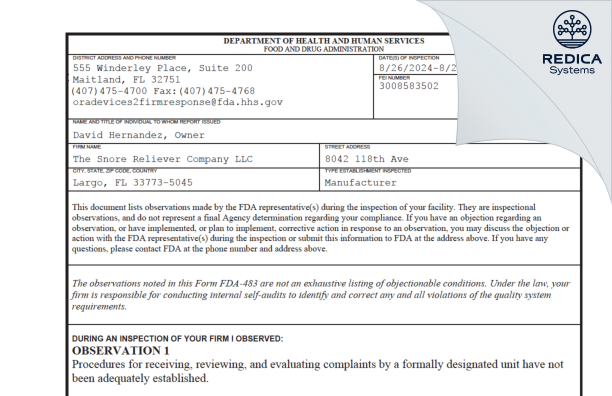 FDA 483 - The Snore Reliever Company LLC [North Bergen / United States of America] - Download PDF - Redica Systems