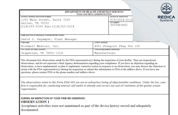 FDA 483 - Rockwell Medical [Grapevine / United States of America] - Download PDF - Redica Systems