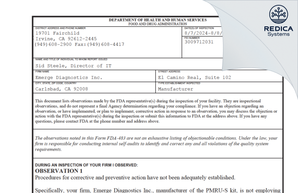 FDA 483 - Emerge Diagnostics Inc. [Carlsbad / United States of America] - Download PDF - Redica Systems