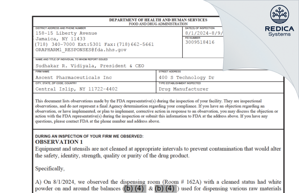 FDA 483 - Ascent Pharmaceuticals Inc [Central Islip / United States of America] - Download PDF - Redica Systems