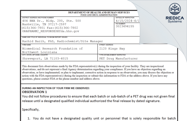 FDA 483 - Biomedical Research Foundation of Northwest Louisiana [Shreveport / United States of America] - Download PDF - Redica Systems