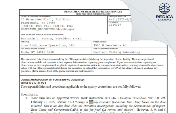 FDA 483 - iuvo BioScience Operations, LLC [Rush / United States of America] - Download PDF - Redica Systems