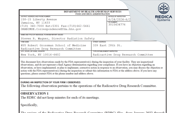 FDA 483 - NYU Robert Grossman School of Medicine Radioactive Drug Research Committee [New York / United States of America] - Download PDF - Redica Systems