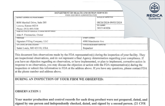 FDA 483 - Signature Filling Company, LLC [Saint Louis / United States of America] - Download PDF - Redica Systems