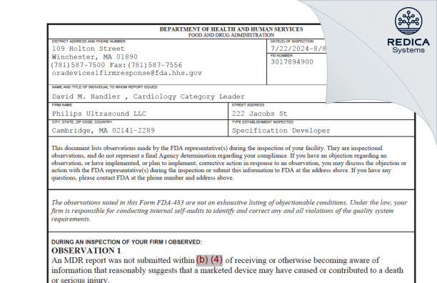 FDA 483 - Philips Ultrasound LLC [Cambridge / United States of America] - Download PDF - Redica Systems