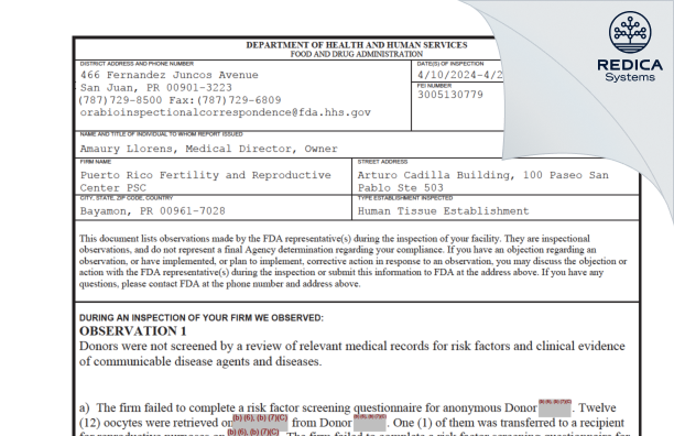 FDA 483 - Puerto Rico Fertility and Reproductive Center PSC [Bayamon / Puerto Rico] - Download PDF - Redica Systems