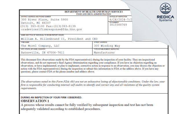 FDA 483 - The Morel Company, LLC [Batesville / United States of America] - Download PDF - Redica Systems