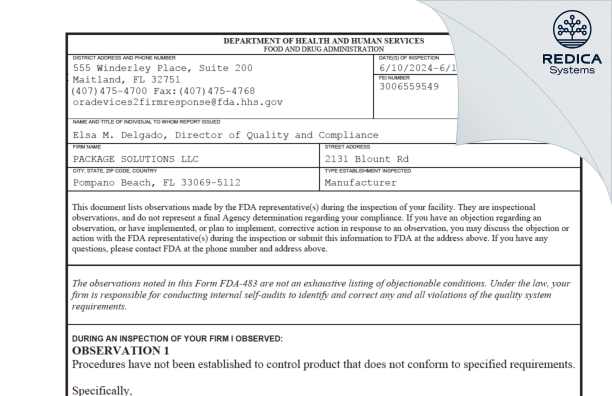 FDA 483 - PACKAGE SOLUTIONS LLC [Pompano Beach / United States of America] - Download PDF - Redica Systems