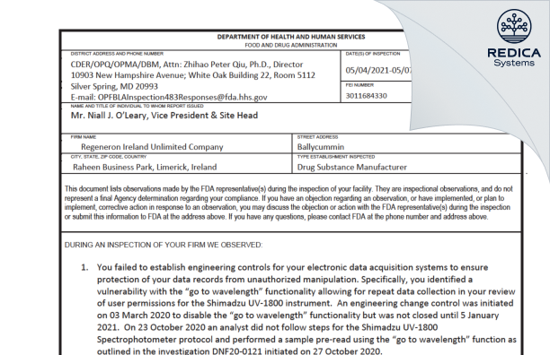 FDA 483 - REGENERON IRELAND DESIGNATED ACTIVITY COMPANY [Limerick / Ireland] - Download PDF - Redica Systems