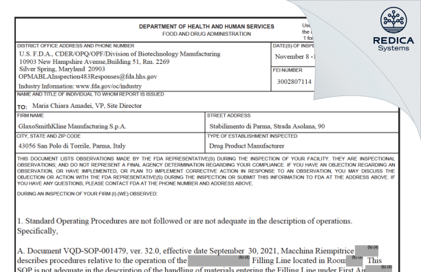 FDA 483 - GlaxoSmithKline Manufacturing SpA [Torrile / Italy] - Download PDF - Redica Systems