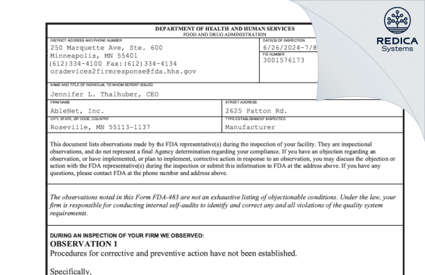 FDA 483 - Ablenet Inc [Saint Paul / United States of America] - Download PDF - Redica Systems