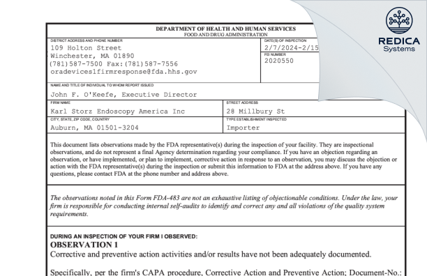 FDA 483 - Karl Storz Endoscopy America Inc [Auburn / United States of America] - Download PDF - Redica Systems