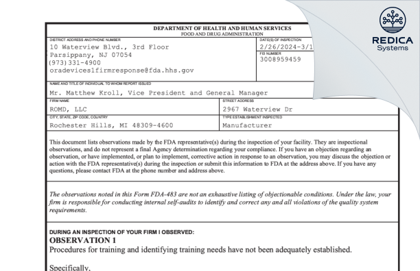 FDA 483 - ROMD, LLC [Rochester Hills / United States of America] - Download PDF - Redica Systems