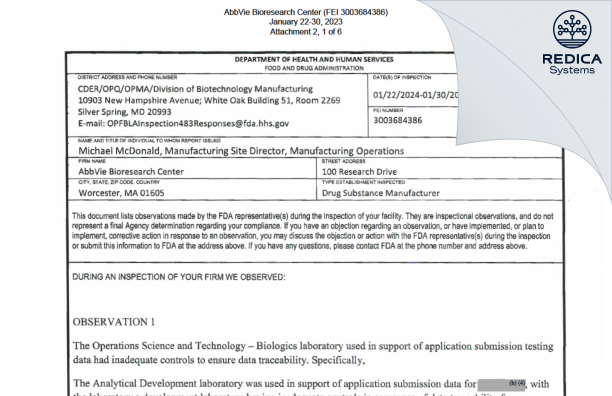 FDA 483 - AbbVie Bioresearch Center [Worcester / United States of America] - Download PDF - Redica Systems