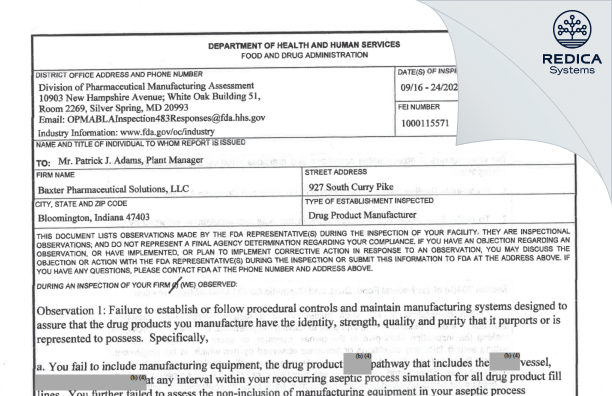 FDA 483 - Baxter Pharmaceutical Solutions LLC [Bloomington / United States of America] - Download PDF - Redica Systems