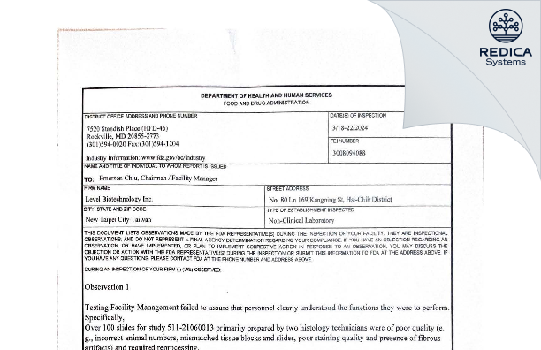 FDA 483 - Level Biotechnology Inc. [Xizhi District / Taiwan] - Download PDF - Redica Systems