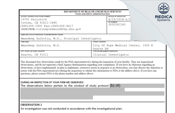 FDA 483 - Amandeep Salhotra, M.D. [Duarte / United States of America] - Download PDF - Redica Systems