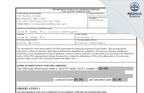 FDA 483 - Jacob M. Sands, M.D. [Boston / United States of America] - Download PDF - Redica Systems