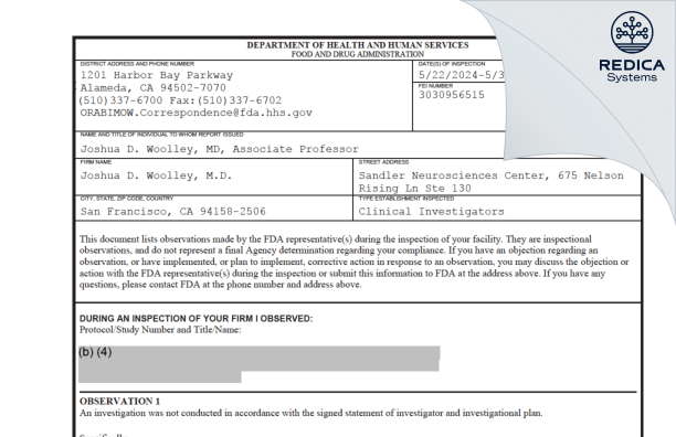 FDA 483 - Joshua D. Woolley, M.D. [San Francisco / United States of America] - Download PDF - Redica Systems