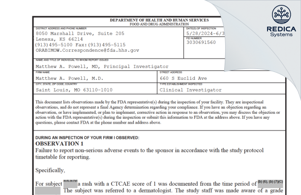 FDA 483 - Matthew A. Powell, M.D. [Saint Louis / United States of America] - Download PDF - Redica Systems