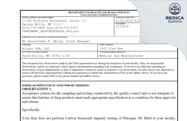 FDA 483 - Airgas Usa, LLC [Hyattsville / United States of America] - Download PDF - Redica Systems