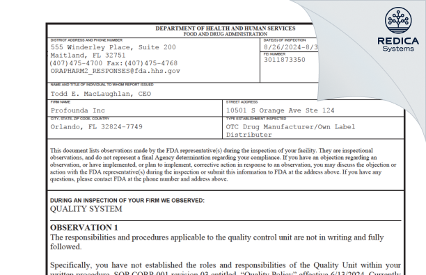 FDA 483 - Profounda Inc [Orlando / United States of America] - Download PDF - Redica Systems