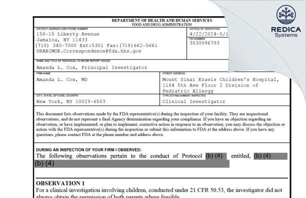 FDA 483 - Amanda L. Cox, MD [New York / United States of America] - Download PDF - Redica Systems