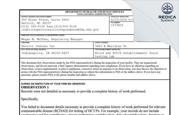 FDA 483 - Versiti Indiana Inc [Indianapolis / United States of America] - Download PDF - Redica Systems