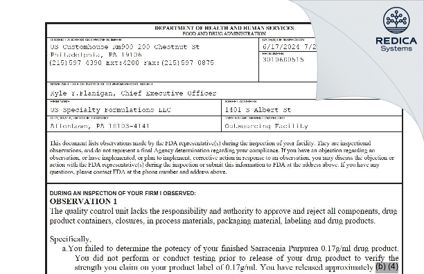 FDA 483 - US Specialty Formulations LLC [Allentown / United States of America] - Download PDF - Redica Systems