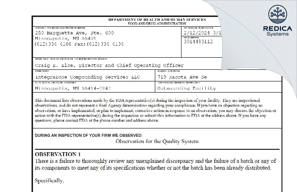 FDA 483 - IntegraDose Compounding Services LLC [Minneapolis / United States of America] - Download PDF - Redica Systems