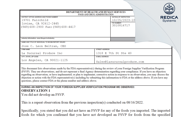 FDA 483 - La Sucursal Produce Inc [Los Angeles / United States of America] - Download PDF - Redica Systems