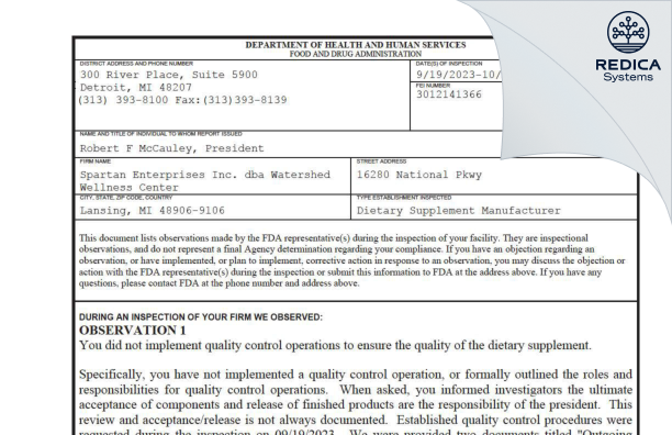 FDA 483 - Spartan Enterprises Inc. dba Watershed Wellness Center [Lansing / United States of America] - Download PDF - Redica Systems