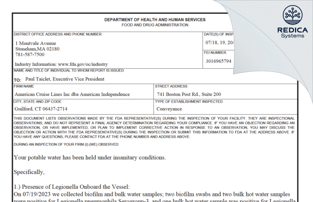 FDA 483 - American Cruise Lines Inc dba American Independence [Guilford / United States of America] - Download PDF - Redica Systems