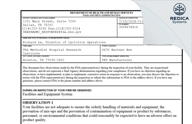 FDA 483 - The Methodist Hospital [Houston / United States of America] - Download PDF - Redica Systems