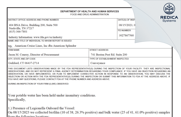 FDA 483 - American Cruise Lines Inc. dba American Splendor [Guilford / United States of America] - Download PDF - Redica Systems
