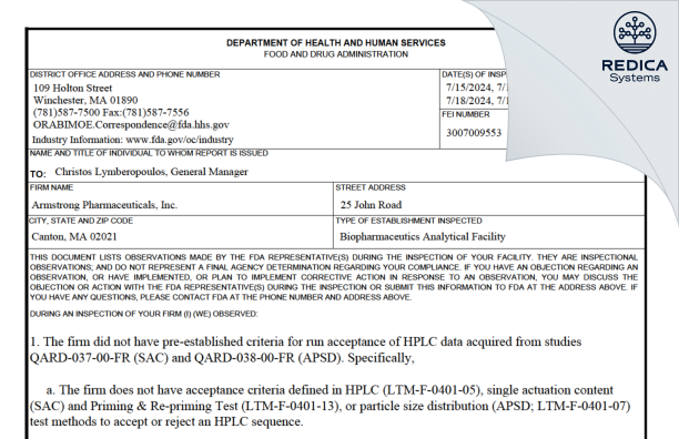 FDA 483 - Armstrong Pharmaceuticals, Inc. [Canton / United States of America] - Download PDF - Redica Systems