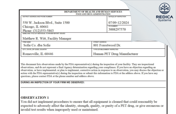 FDA 483 - SOFIE Co. dba SOFIE [Romeoville / United States of America] - Download PDF - Redica Systems